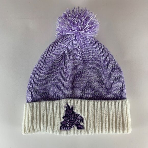 Arizona Coyotes NHL Purple White Fanatics Hockey Fights Cancer Pom Beanie Cap - Picture 1 of 3